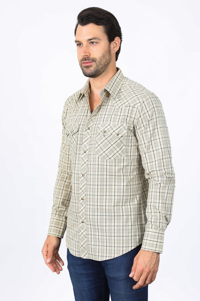 Mens Western Checkered Khaki Long Sleeve Shirts