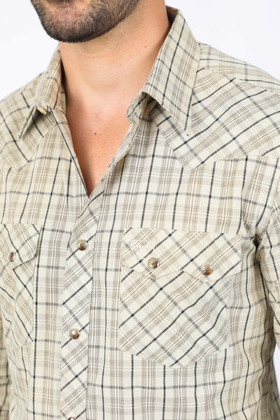 Mens Western Checkered Khaki Long Sleeve Shirts