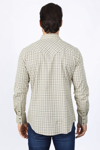 Mens Western Checkered Khaki Long Sleeve Shirts