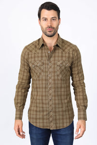 Mens Western Checkered Light Brown Long Sleeve Shirts