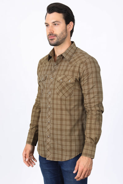 Mens Western Checkered Light Brown Long Sleeve Shirts