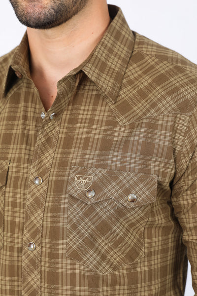 Mens Western Checkered Light Brown Long Sleeve Shirts