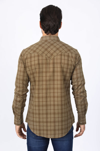 Mens Western Checkered Light Brown Long Sleeve Shirts