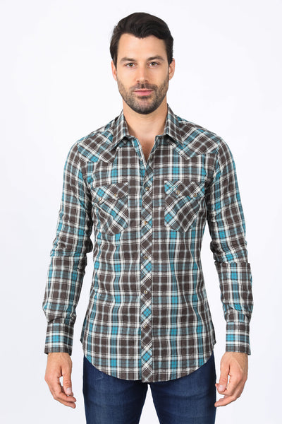 Mens Western Checkered Teal Long Sleeve Shirts