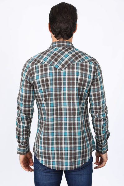 Mens Western Checkered Teal Long Sleeve Shirts