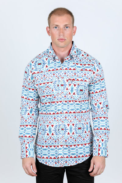 Men's Modern Fit Panoramic Aztec Print Long Sleeve Shirt - White