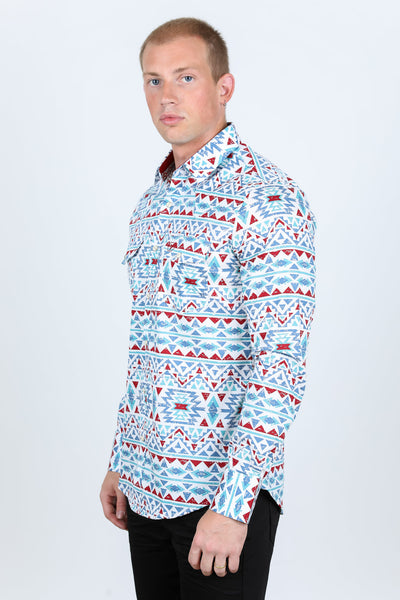 Men's Modern Fit Panoramic Aztec Print Long Sleeve Shirt - White