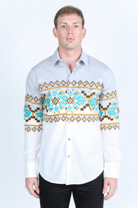 Men's Modern Fit Panoramic Aztec Print Long Sleeve Shirt - White