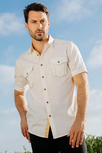 Mens Embroidery Modern Fit Stretch Short Sleeve Shirt