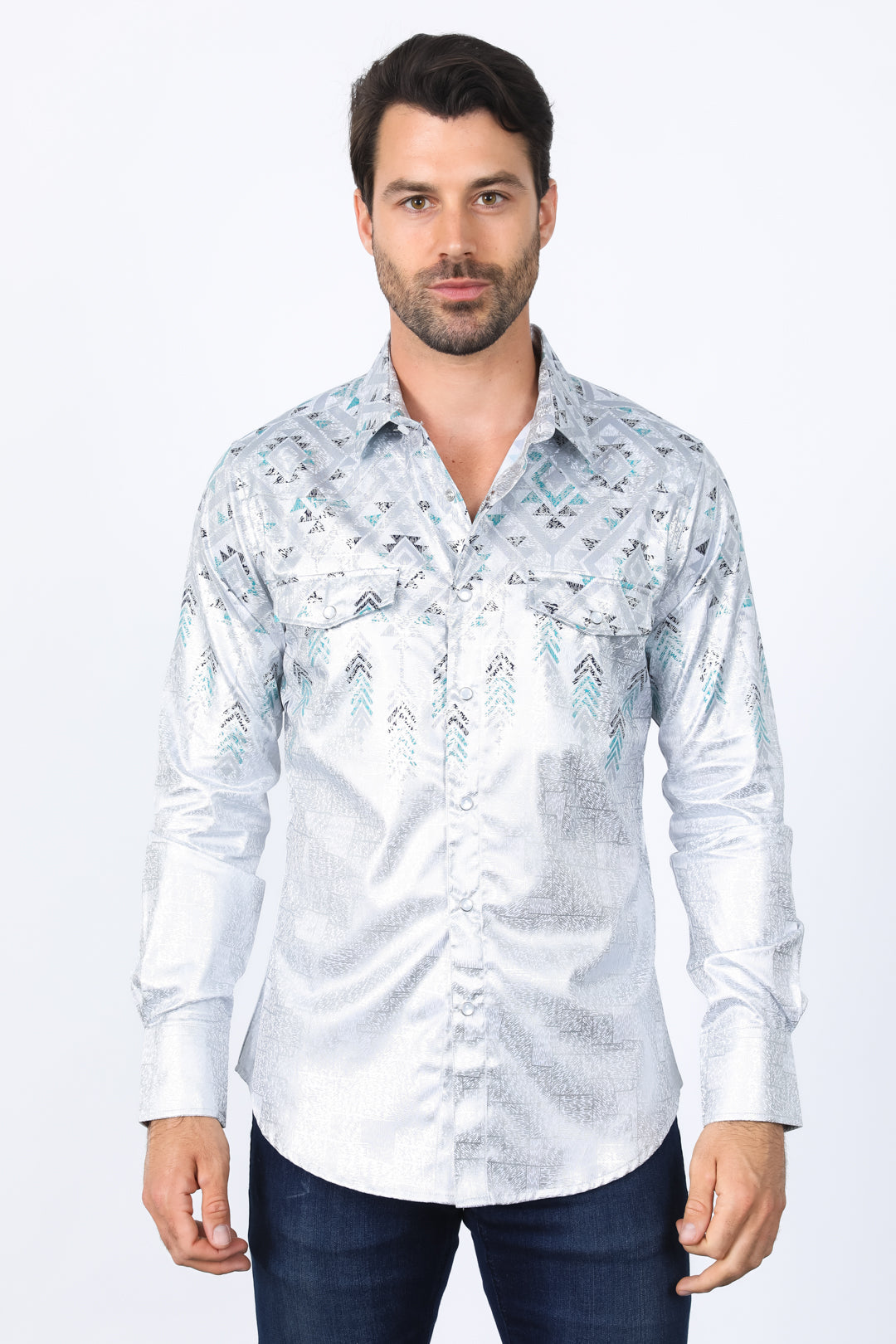 Mens Modern Fit Panoramic Foil Print Shirt - White