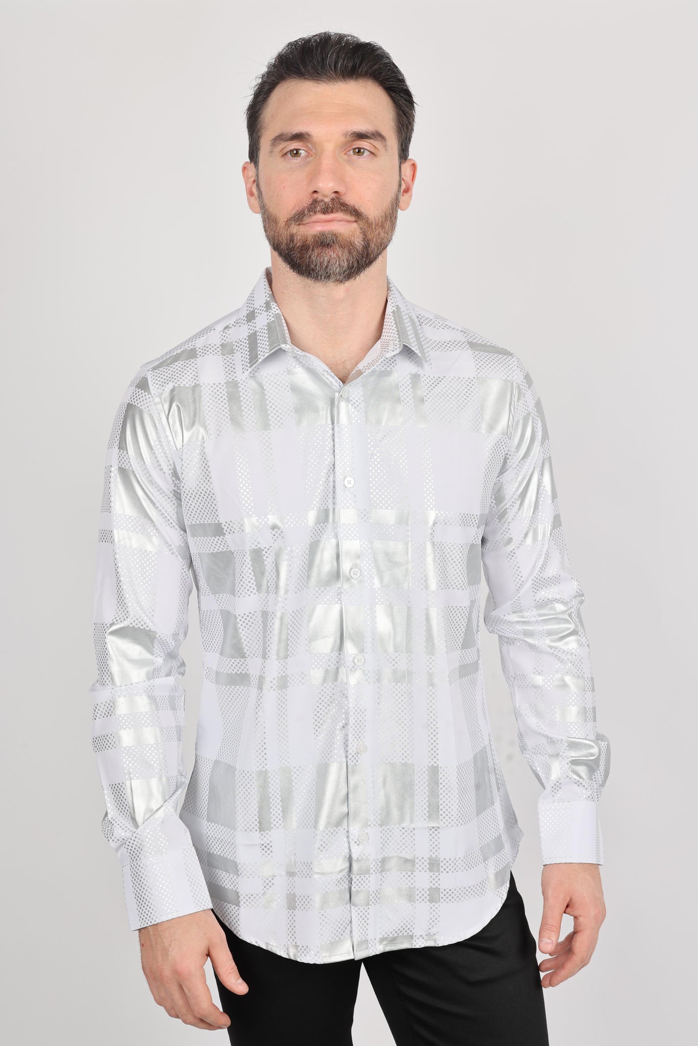 Mens Modern Fit Stretch Foiled White Long Sleeve Shirt