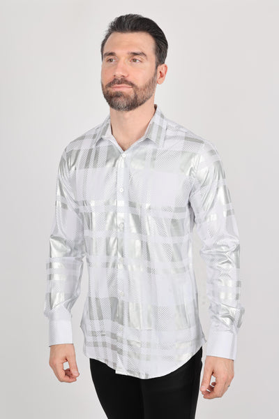 Mens Modern Fit Stretch Foiled White Long Sleeve Shirt