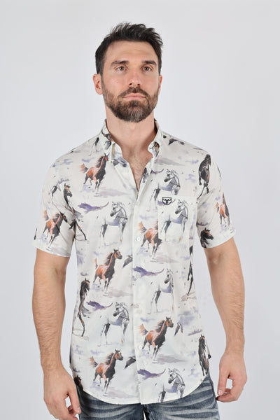 Mens Short Sleeve Modern Fit Stretch Wild Horses Print Shirt