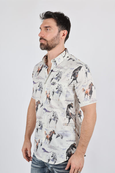 Mens Short Sleeve Modern Fit Stretch Wild Horses Print Shirt