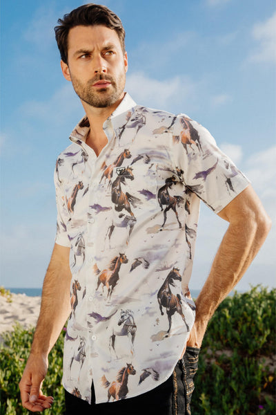 Mens Short Sleeve Modern Fit Stretch Wild Horses Print Shirt