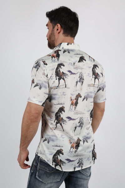 Mens Short Sleeve Modern Fit Stretch Wild Horses Print Shirt