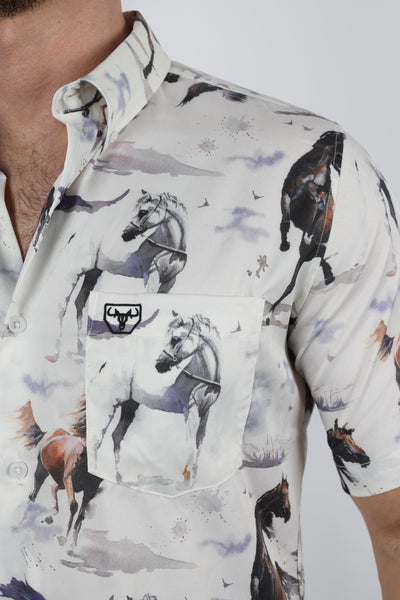 Mens Short Sleeve Modern Fit Stretch Wild Horses Print Shirt