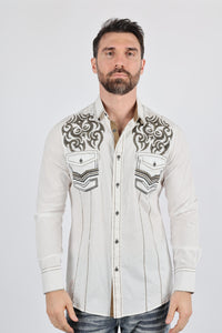 Mens Vintage Washed 2-tone Embroidery Modern Fit Stretch Shirt