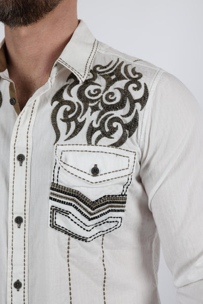 Mens Vintage Washed 2-tone Embroidery Modern Fit Stretch Shirt