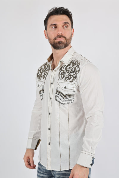 Mens Vintage Washed 2-tone Embroidery Modern Fit Stretch Shirt