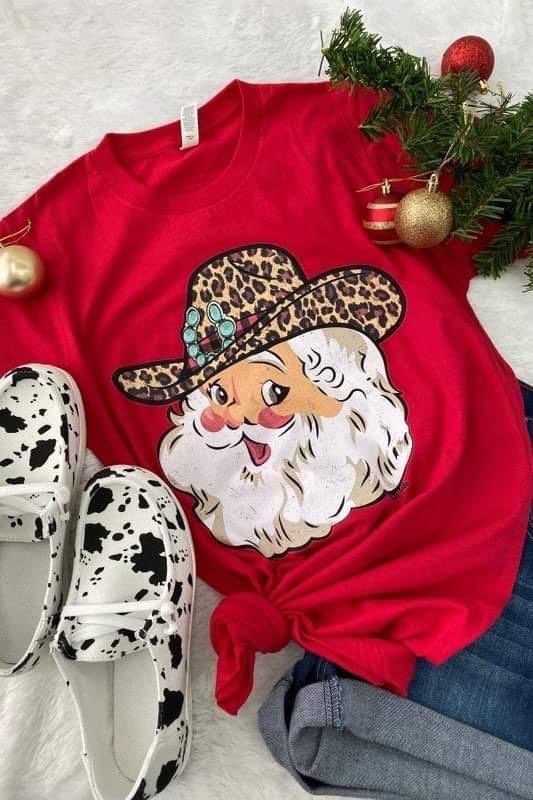 Red Leopard Cowboy Santa Tee