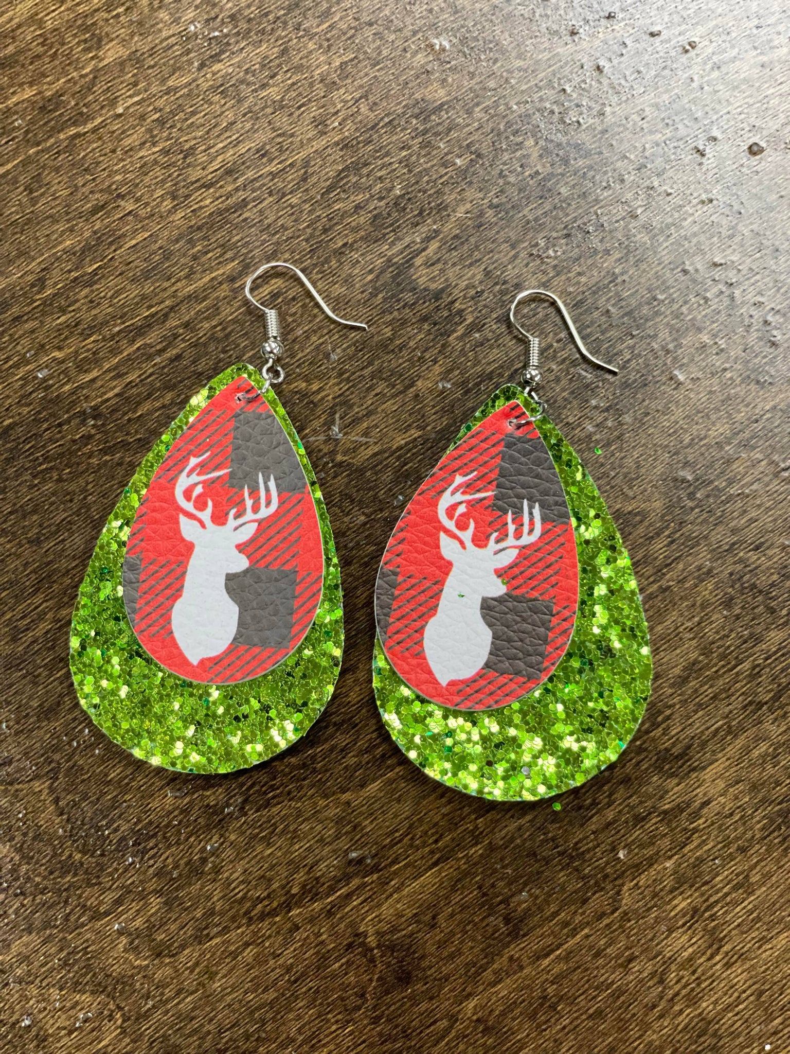 Plaid Deer Glitter Layered Earrings