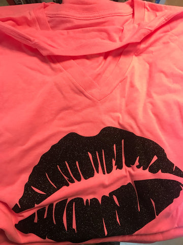 Neon Pink Black Glitter Lip Tee