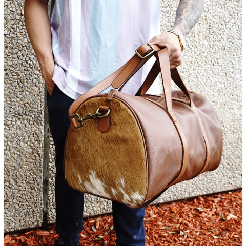 Cowhide with leather weekender duffel carry on bag