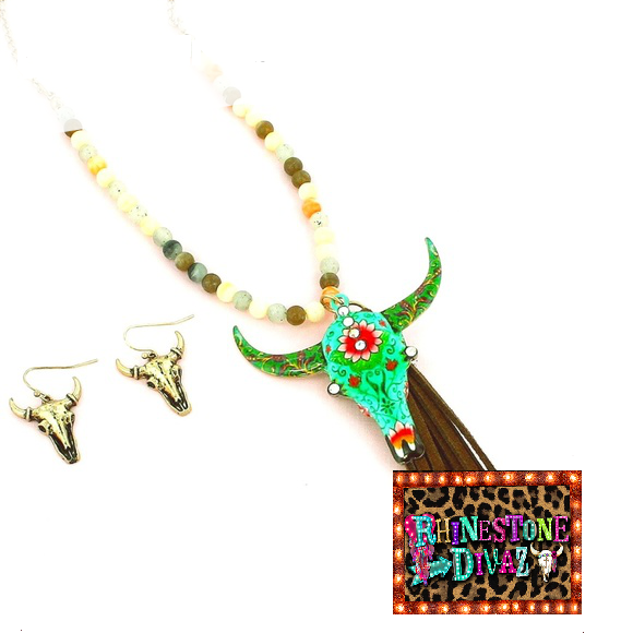 Multi Bead Turquoise Bull Skull Necklace