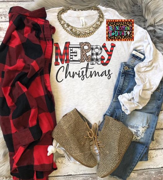 Long Sleeve Plaid/Leopard Merry Christmas Tee