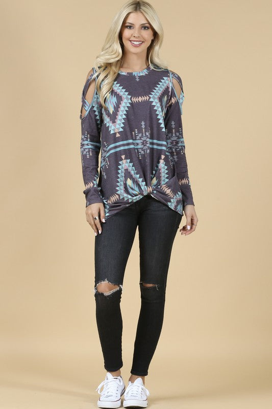 Blue/Grey Aztec Cold Shoulder Top