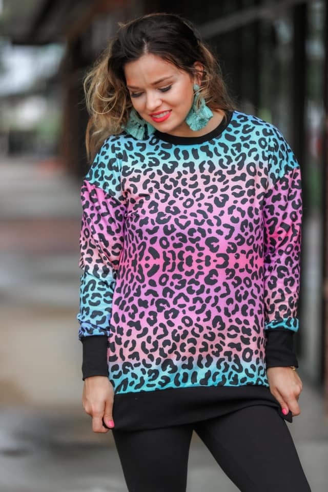 Teal/Pink Ombre Leopard Sweatshirt Top