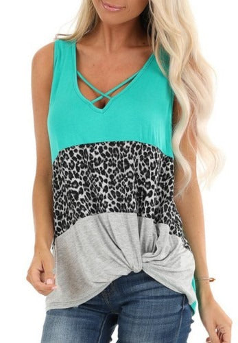 Teal Leopard Color Block Twist Tank