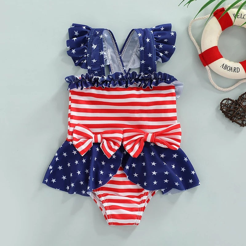 Girls Flag Ruffle Swimsuit