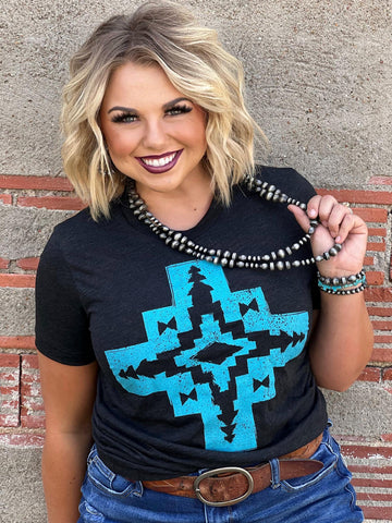 Short Sleeve Black/Teal Aztec Tee