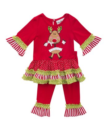 Red Reindeer Ruffle Tunic Set