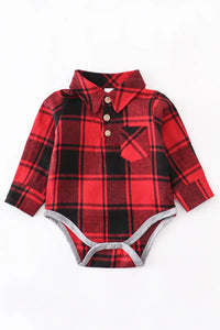 Red black plaid button down boy romper