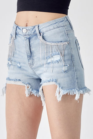 High Rise Rhinestone Denim Shorts