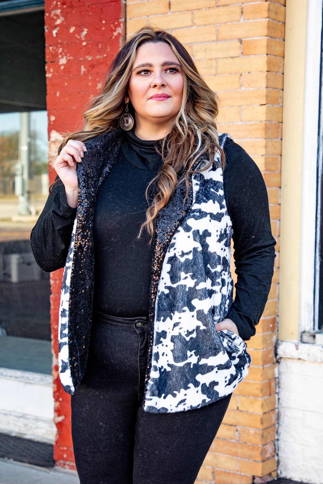 Cowhide With Black Sequin Fur Vest