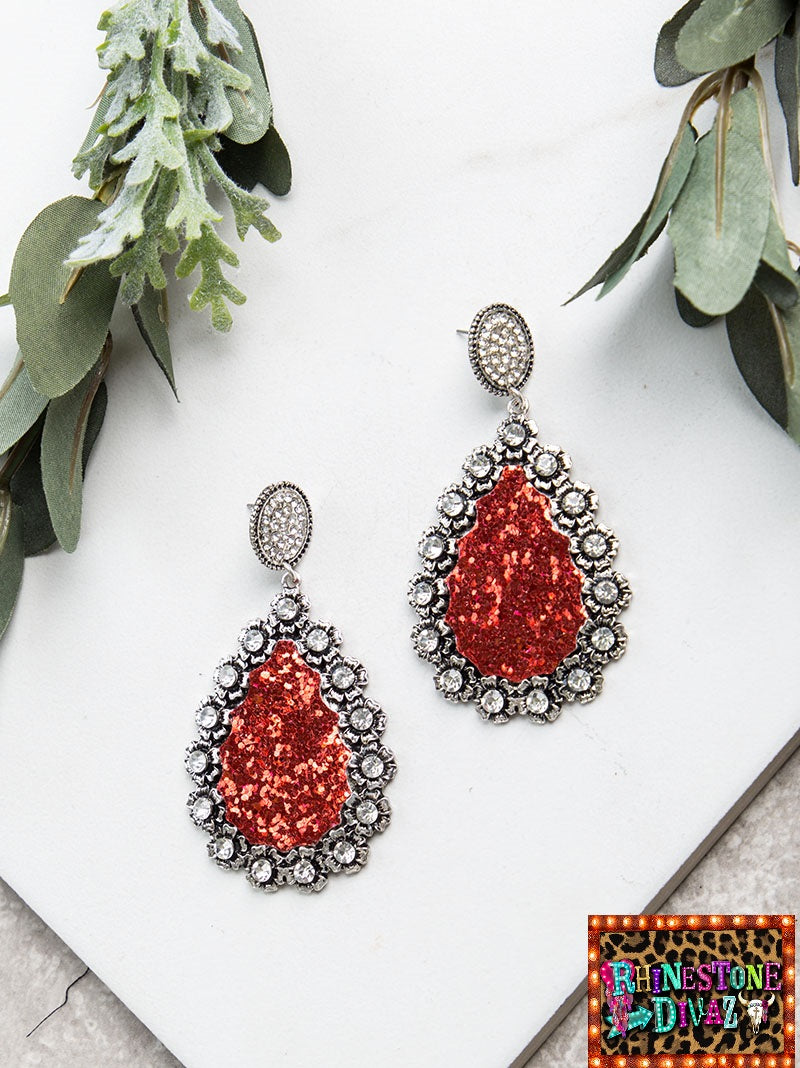 Red Glitter Post Teardrop Earrings