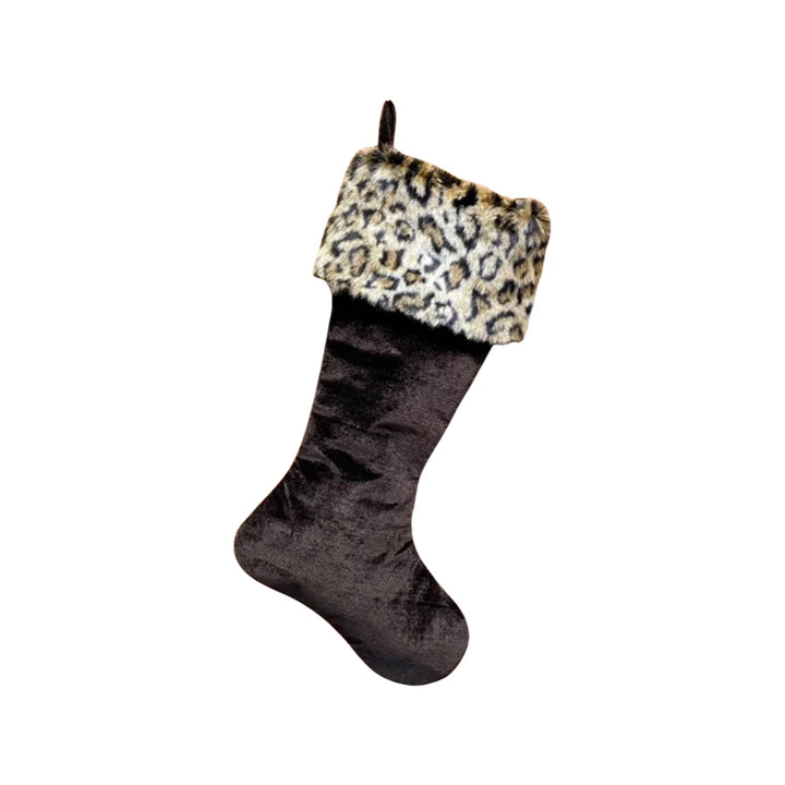 BROWN VELVET LEOPARD CUFF STOCKING