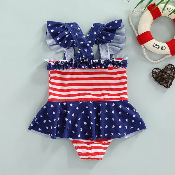 Girls Flag Ruffle Swimsuit