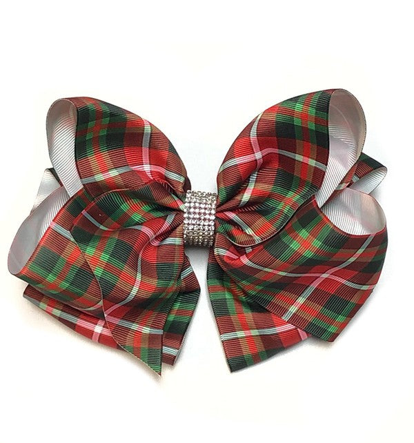 Green/Red Plaid Rhinestone Bow