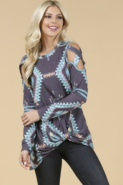 Blue/Grey Aztec Cold Shoulder Top