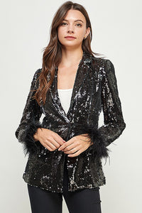 Black Sequin Feather Trim Blazer