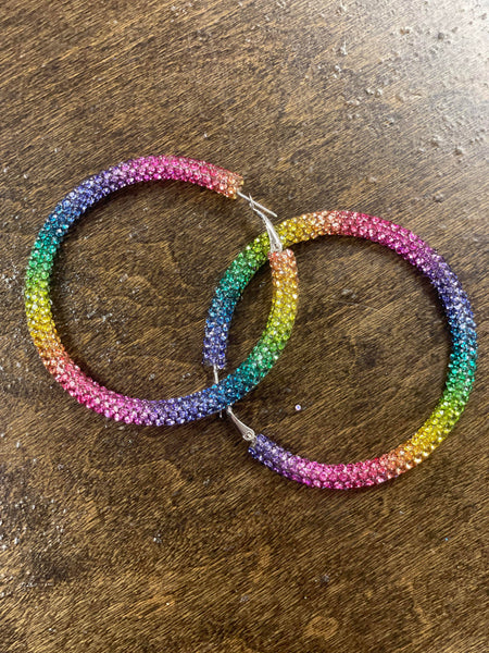 Rainbow Rhinestone Hoop Earrings