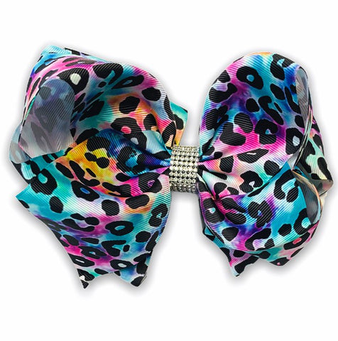 Double Layer Rainbow Cheetah Rhinestone Bow