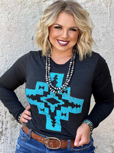 Long Sleeve Black/Teal Aztec Tee